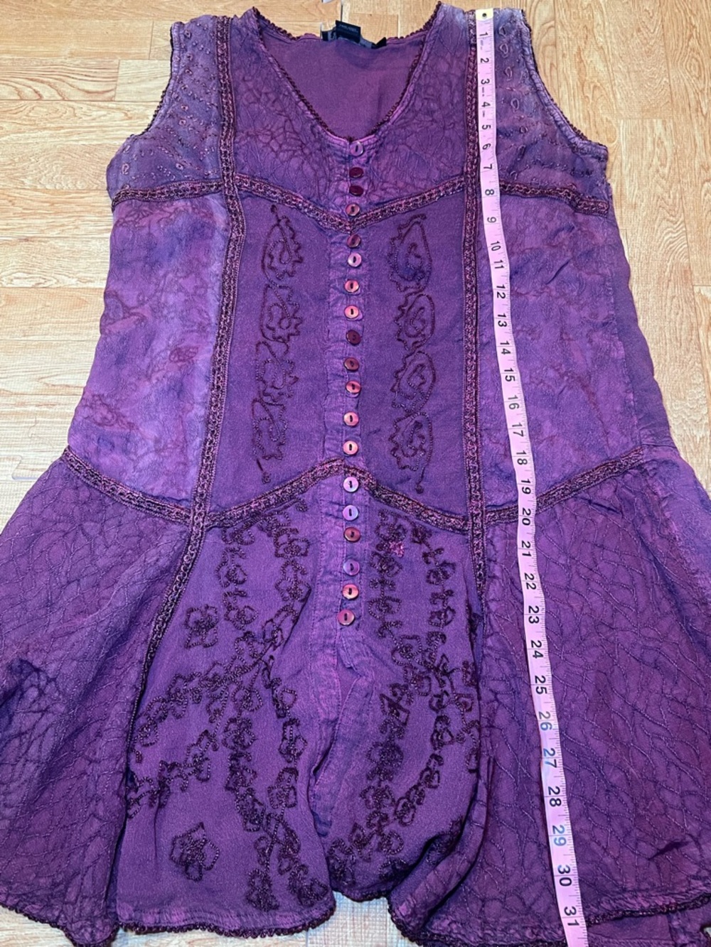 Flower Purple Boho Tunic Top L Embroidered Button Front Flowy Rayon - Picture 5 of 7